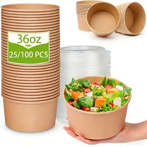 Heavy Duty Disposable Meal Prep Containers - 36Oz/1000Ml Kraft Paper Bowls with Lids - Microwave Freezer Safe - 25/100 Pack -Disposable Soup Salad Ramen Serving Bowls Bulk - To Go Food Containers for Hot/Cold Food - Party Supplies for Christmas, Halloween