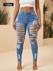 Women's Plain Ripped High Waisted Skinny Fit Stretchy Light Wash Jeans, Fashion Chic Casual Denim Pants for Daily Outdoor Wear, Ladies Bottoms for All Seasons, Fitted