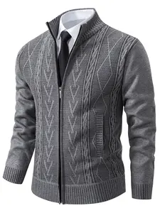 Men's New Stand Collar Plain Knit Sweater, Long Sleeve Winter Thickened Fashion Casual Pullover, Zipper Front, Suitable for Cold Weather