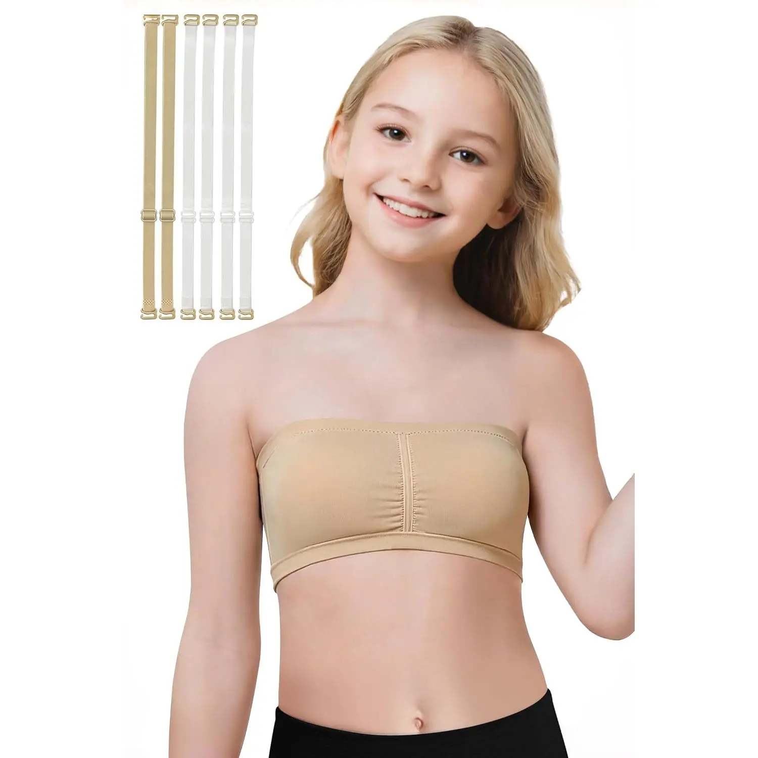 Girls Seamless Bandeau Bra for Teen Girls Training Sport Crop Top with 2 Pairs of Clear Straps, Chest PaddingGift.