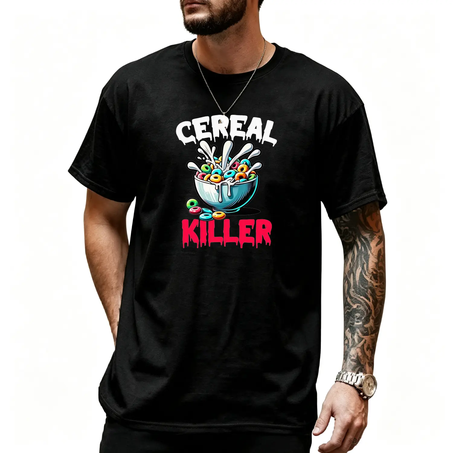 Men's Funny Cereal Killer Graphic Cotton T-Shirt - Black, Short-Sleeve Menswear Top, Cereal Bowl Murder Scene Design, Plus Size for Comic Conventions & Casual Attire, Shortsleeve, Tops, Casual Wear, Graphic Print, Comic Theme