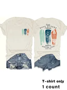 Women's Surfing Team Print Round Neck Tee, Casual Short Sleeve Crew Neck T-shirt for Summer, Fashion Women's Top for Daily Wear
