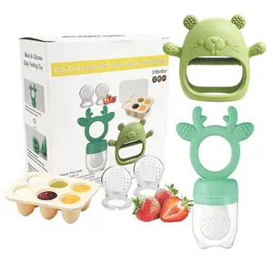 Baby Fruit Feeder with Popsicle Mold Cute Teething Toys Silicone Teethers for Babies 3-12 Months for Baby Feeding Gift (GreenB)