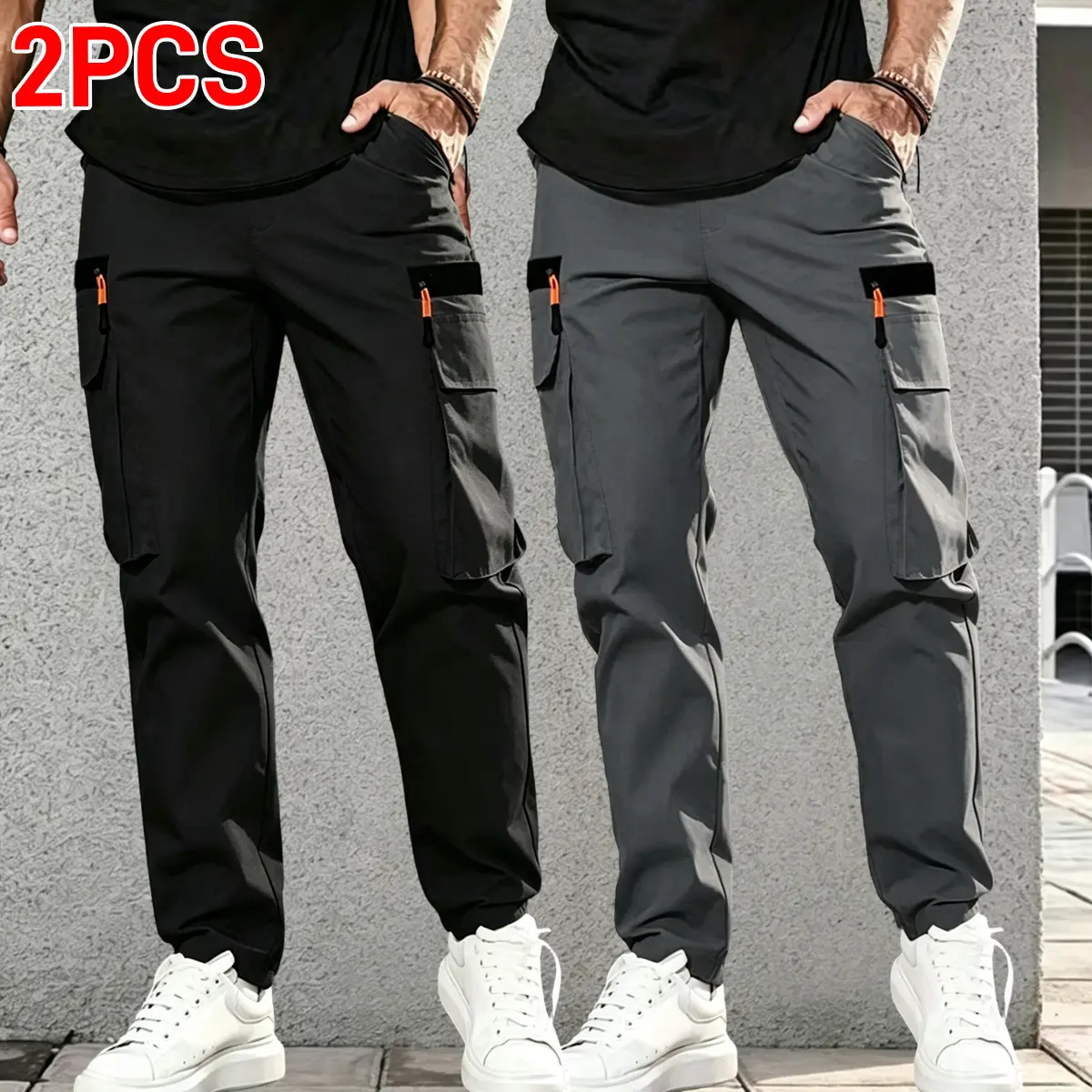 2PCS men’s solid-color tactical cargo pants with spacious pockets, suitable for multifunctional work and outdoor tasks, ideal for construction work and hiking, wearable in spring, summer, and autumn.