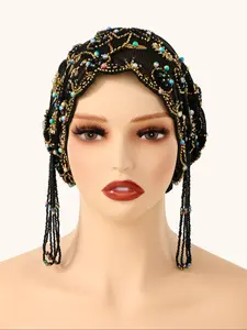 Women's Geometric Print Lace Beaded Headscarf Hat, Bohemian Satin Lined Hijab, Adjustable Ankara Chemotherapy Cap, Jersey Hijabs for Various Occasions