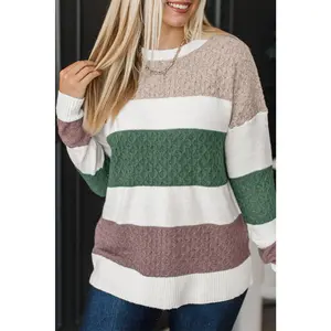 Green Mixed Texture Knit Striped Color Block Loose Sweater