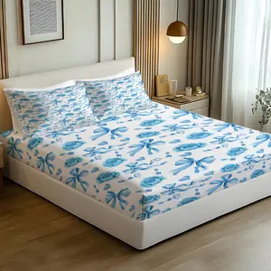3PCS Blue Rose Bow Fitted Sheet Set, Soft Printed Bed Sheet Set, Aesthetic Bedding Set No Fillers,Deep Pockets Fitted Sheet,Flat Sheet & Pillowcases, Lightweight Breathable Bedding, Blue Roses Bow for Girls Bedroom Dorm Decor