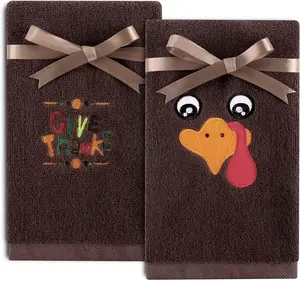 Quera 2 Pack Thanksgiving Hand Towels Turkey Embroidered Premium Luxury Decor Fall Bathroom Decorative Dish Set for Drying, Cleaning, Cooking, Autumn 13.7'' x 29.5'',Brown,Give Thanks.