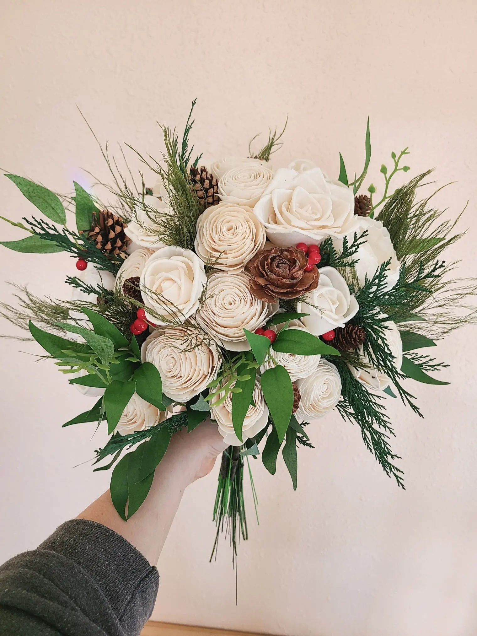 Ivory Winter Wedding Bouquet with Red Berries - Decorative Flower, Plant and Fruit Accent for Home Decor, Home Supplies