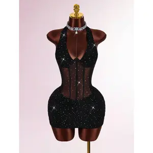 Halter Neck Sleeveless Rhinestone Decor Cinched Waist Sheer Ruched Party Mini Dress Dress For Club Dress
