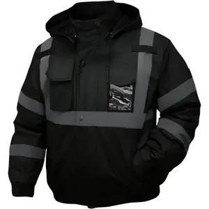 Men’s safety jacket, reflective high-visibility hooded jacket, high-visibility bomber jacket with pockets and zippers, waterproof, black base