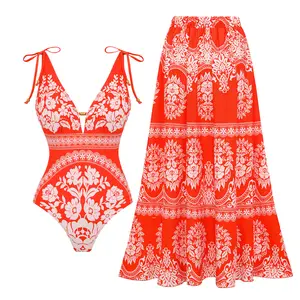 FLAXMAKER Women's V Neck Shoulder Bow Detail (Non-Tie) Printed One Piece Swimsuit and Matching Cover Skirt Set Swimdress Stylish Beachwear Bathing Suit SpringStatements