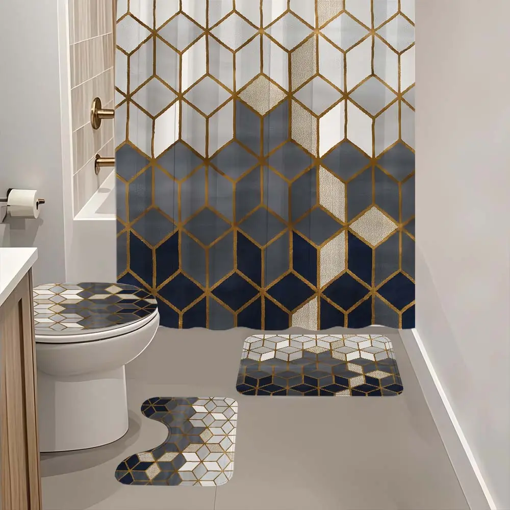 4 piece Geometric Hexagon Gold Line Tile patterned shower curtain, The 4-piece set includes a single shower curtain, anti slip floor mat, toilet U-shaped mat, toilet lid mat, with shower curtain hook, and belongs to bathroom decoration products