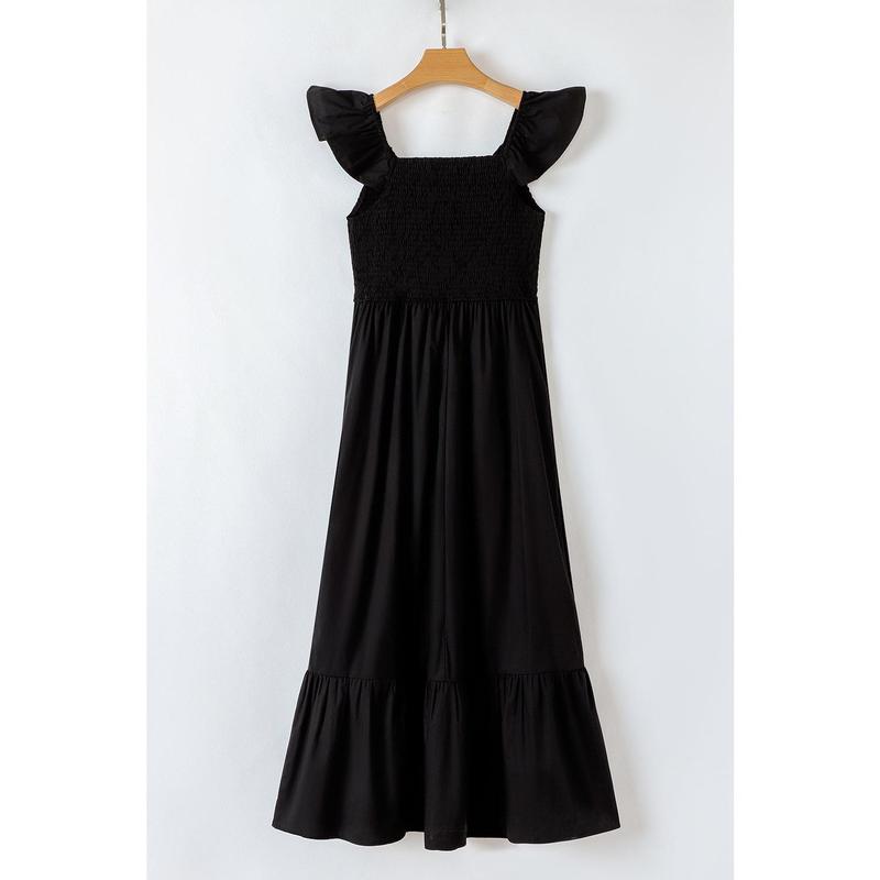 Black V Neck Flutter Sleeve Smocked Bodice High Waist Ruffle Maxi Dress