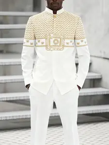 Men's African Dashiki Suit, Elegant Stand Collar Print Long Sleeves Shirt & Drawstring Pants, Business Casual Streetwear