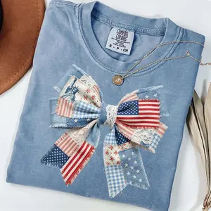 Comfort Colors Vintage Patriotic Coquette Bow T-Shirt - American Flag Aesthetic Graphic Tee | Retro 4th of July Independence Day Outfit | Cute Western Patriotic Bow Shirt for Women