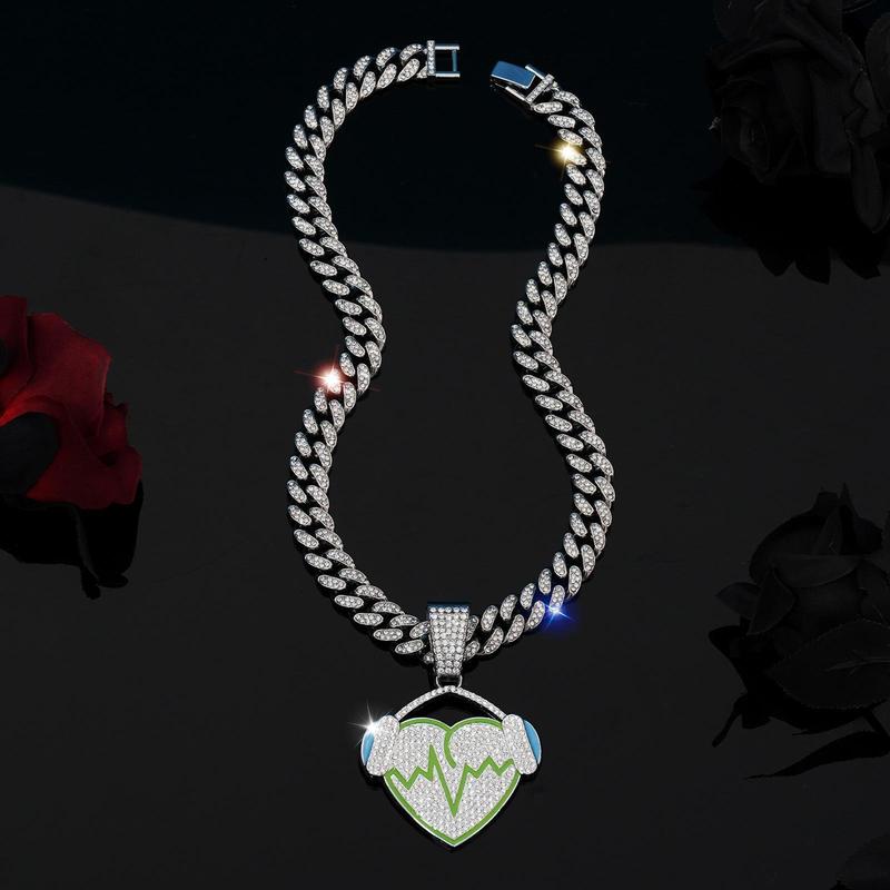14K Gold Plated with Austrian Rhinestones- Music Heart Design Pendant Miami Cuban Link Chain Italy & Mexico Inspired Necklace for Men&Women Hip Hop Gift