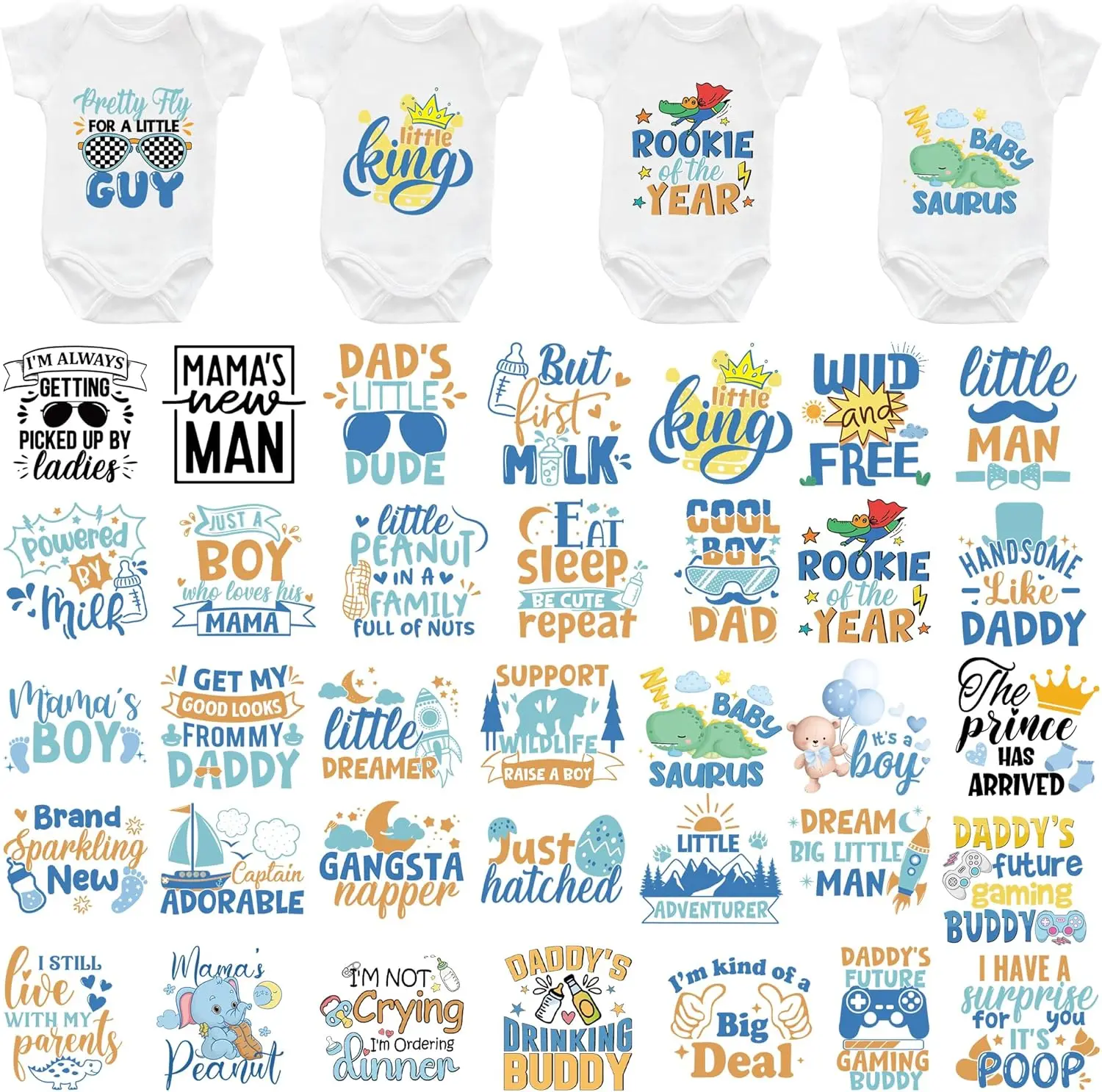 36 Sheets Baby Shower Games Iron on Transfers for T-Shirts, Cute Baby Boy DTF Transfers Ready to Press Heat Transfers Vinyl, Iron on Patches Decals for Baby Clothes Bibs Bodysuit DIY Crafts