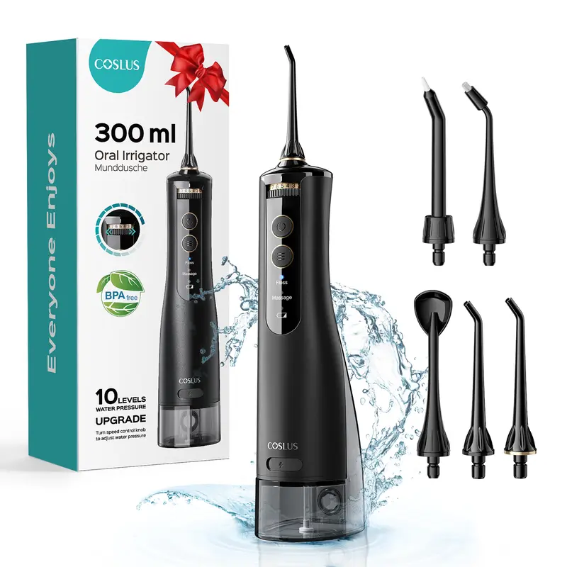 COSLUS E40 Professional Water Flosser|10 Pressure Settings, Cordless & IPX7 Waterproof | Fights Plaque, Tartar & Gum Disease | Perfect for Braces, Orthodontics, Dental Care | Home & Travel Use | #OralCare #Braces #DentalHealth Teeth Cleaning Machine Black
