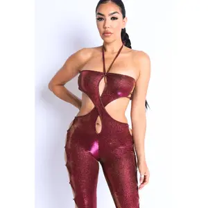 Glittery Cutout Halter Neck Keyhole Sexy Party Jumpsuit FUCHSIA/GOLD