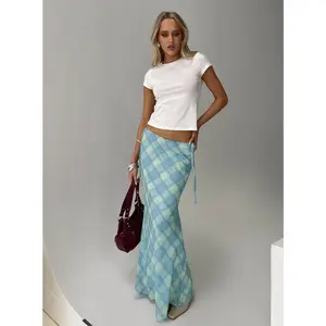 Women Long Skirt, Elegant Plaid Skirt Tie-up Summer Skirt Streetwear for Casual Daily