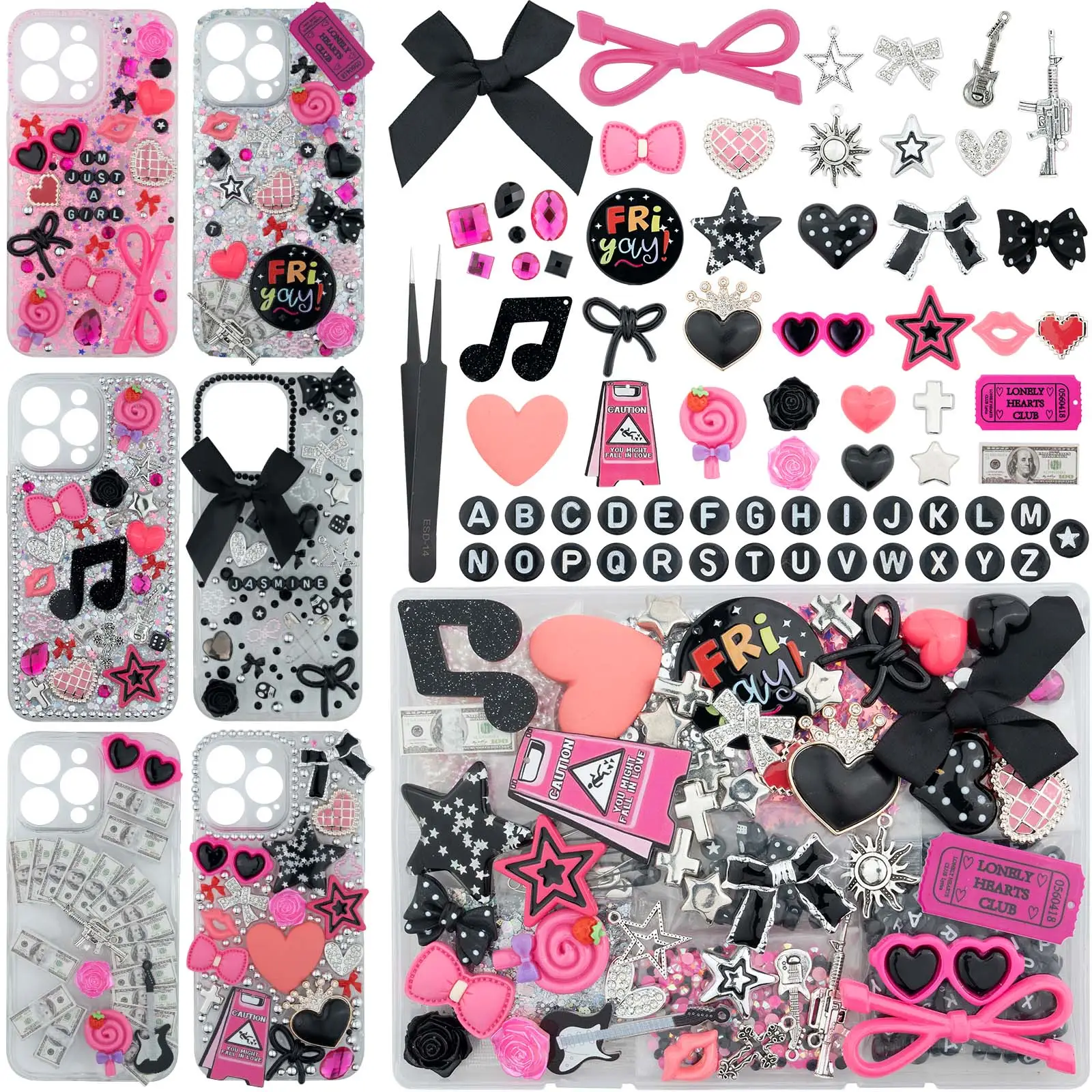 1050 Pcs Junk Phone Case Charms Kit, Charms for Phone Case Making with Kawaii Bow, Letter Beads, Nail Accessories, Flatback Pearls, Rhinestones, Cute