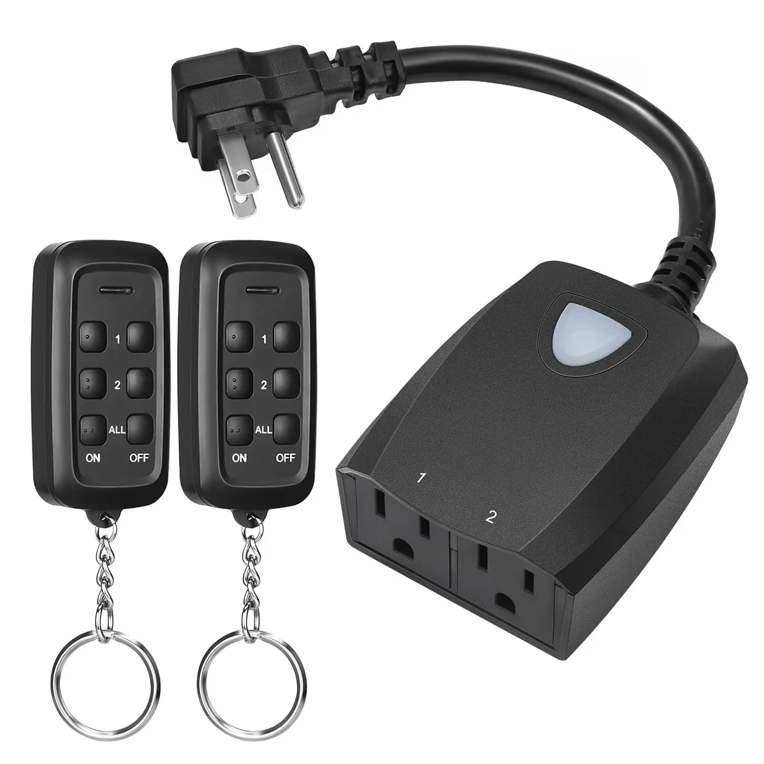 X-PSP04  Outdoor Wireless Remote Outlet, 2-in-1 Individual Control Sockets, 2 Independent Control Sockets Weatherproof Remote Control Switch, 15A Heavy Duty with 2 Remote for Lights, FCC Listed