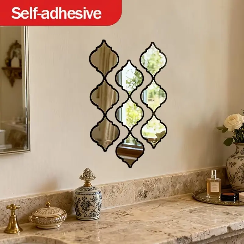 9pcs Large Acrylic Moroccan Artistry Style Art Mirror Set, Classic Wall-Mounted, Hanging, Plastic Frame, Polished Ends, Ideal for Bathroom, Living Room, Hallway Decor, Perfect Gift