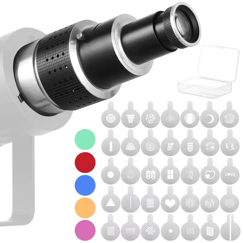 Bowens Mount Conical Optical Snoot Studio Lighting Accessory Kit - 5 Color Filters, 34 Gobos for Godox Neewer LED Video Photography Lights, Photography Fill Light Accessory, Aluminium