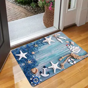 1PC Ocean Beach Shell and Starfish Printed Non-Slip Floor Mat - for indoor/outdoor entrances, kitchens, polyester mats - Coastal Decorations Holiday Seasonal Decorations, Best Choice for Christmas, Perfect for Thanksgiving