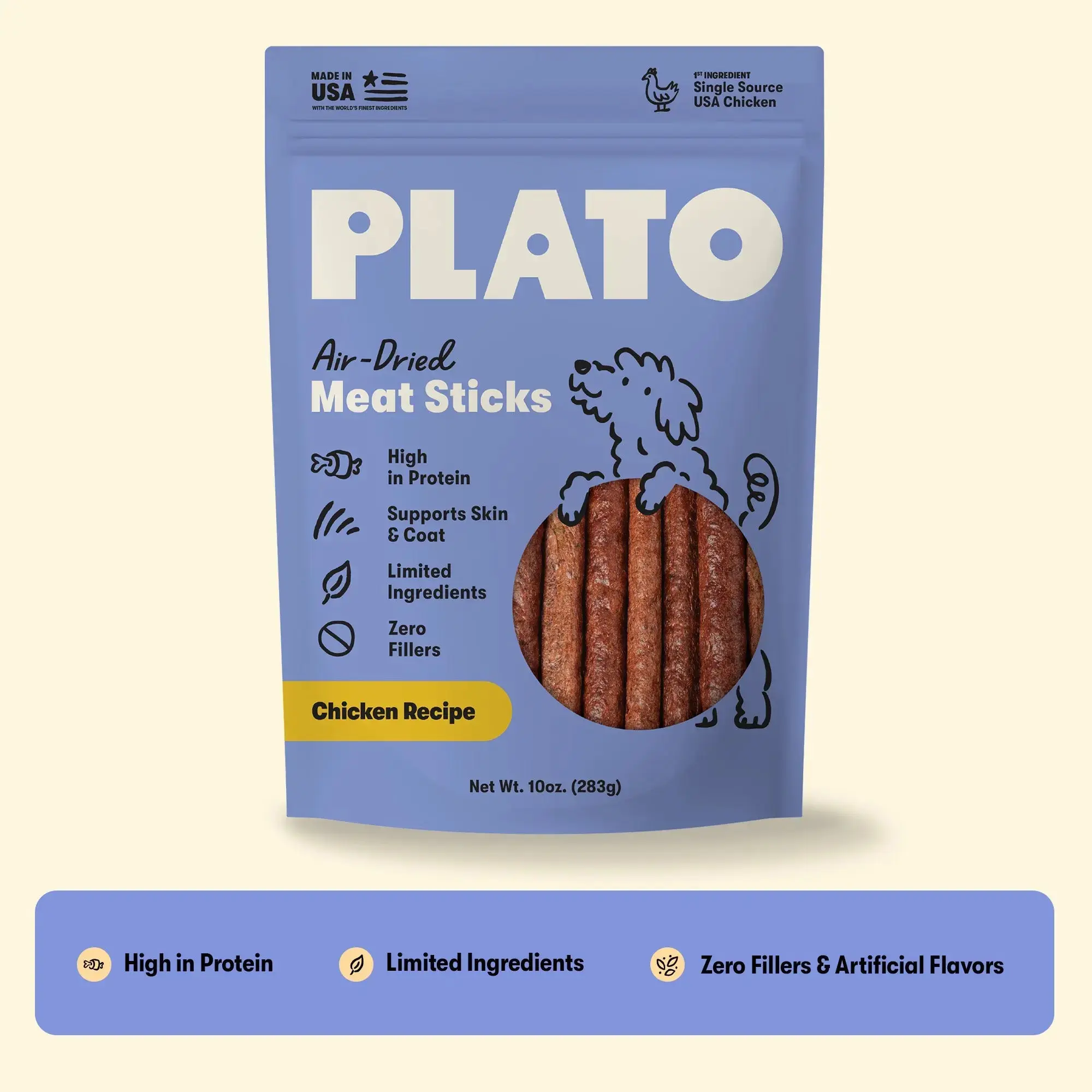 Plato Pet Treats Thinkers Chicken - Meat Stick Treats for Dogs - Limited Ingredient Dog Treats with EPA and DHA to Support Skin, Coat, and Brain - Air-Dried Dog Treats
