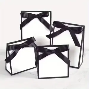 10PCS Cardboard Paper Shopping Handbag Gift Packing Bag Portable Black White Wrapping Tote With Handles Sundries Storage Pouch Fashionable Shopping Bag