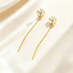 MP Flower Line Earrings for Women Sparkling Zircon 14K Gold Plated Ear Jewelry Non Tarnish Hypoallergenic Copper Drop Earrings Elegant Fashion Accessories gift for her