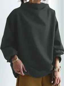 New Solid Color Summer Autumn Winter Casual Breathable High Neck Long Sleeve Top, Comfortable Daily Wear, Versatile Fashion Piece