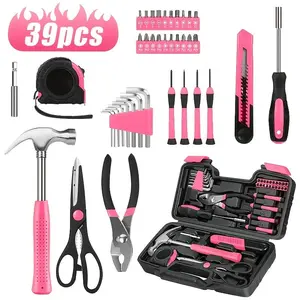 39Pcs Pink Tool Kit Screwdriver Utility Knife Scissors Tape Measure Hammer Internal Hex Wrench Pliers Ideal for Women Home Garage Garden Office College Dormitory