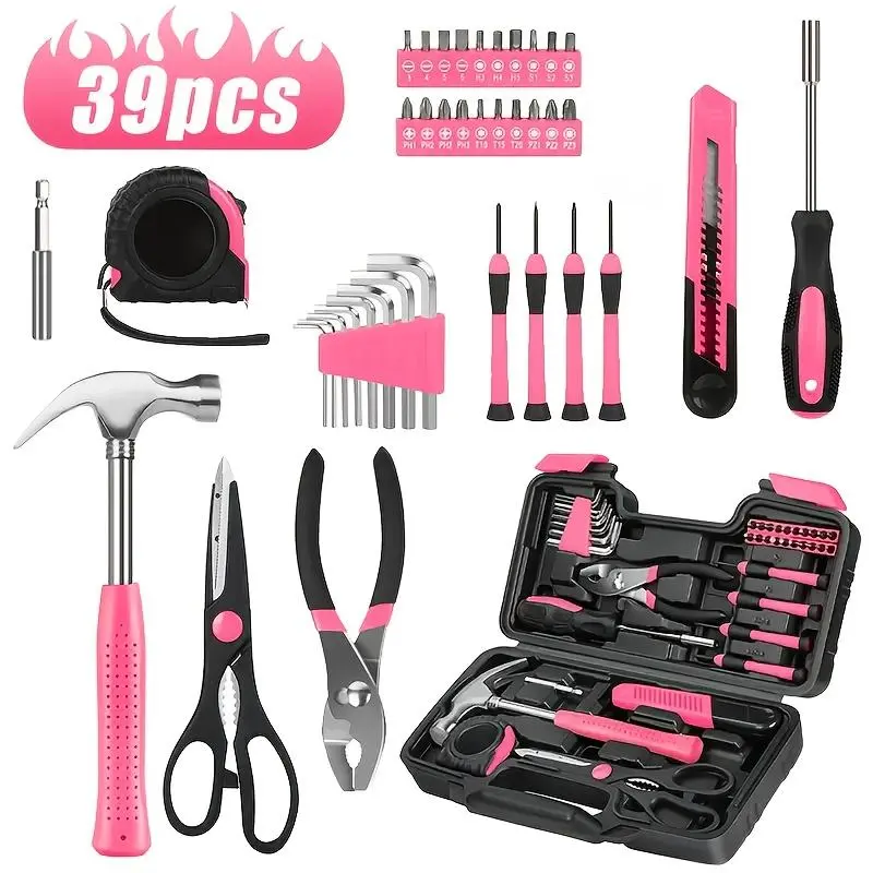 39pcs Pink Tool Kit | Includes Screwdriver, Utility Knife, Scissors, Tape Measure, Hammer, Internal Hex Wrench, Pliers | Suitable for Home, Garage, Garden, Office, College Dormitory | Ideal for Women