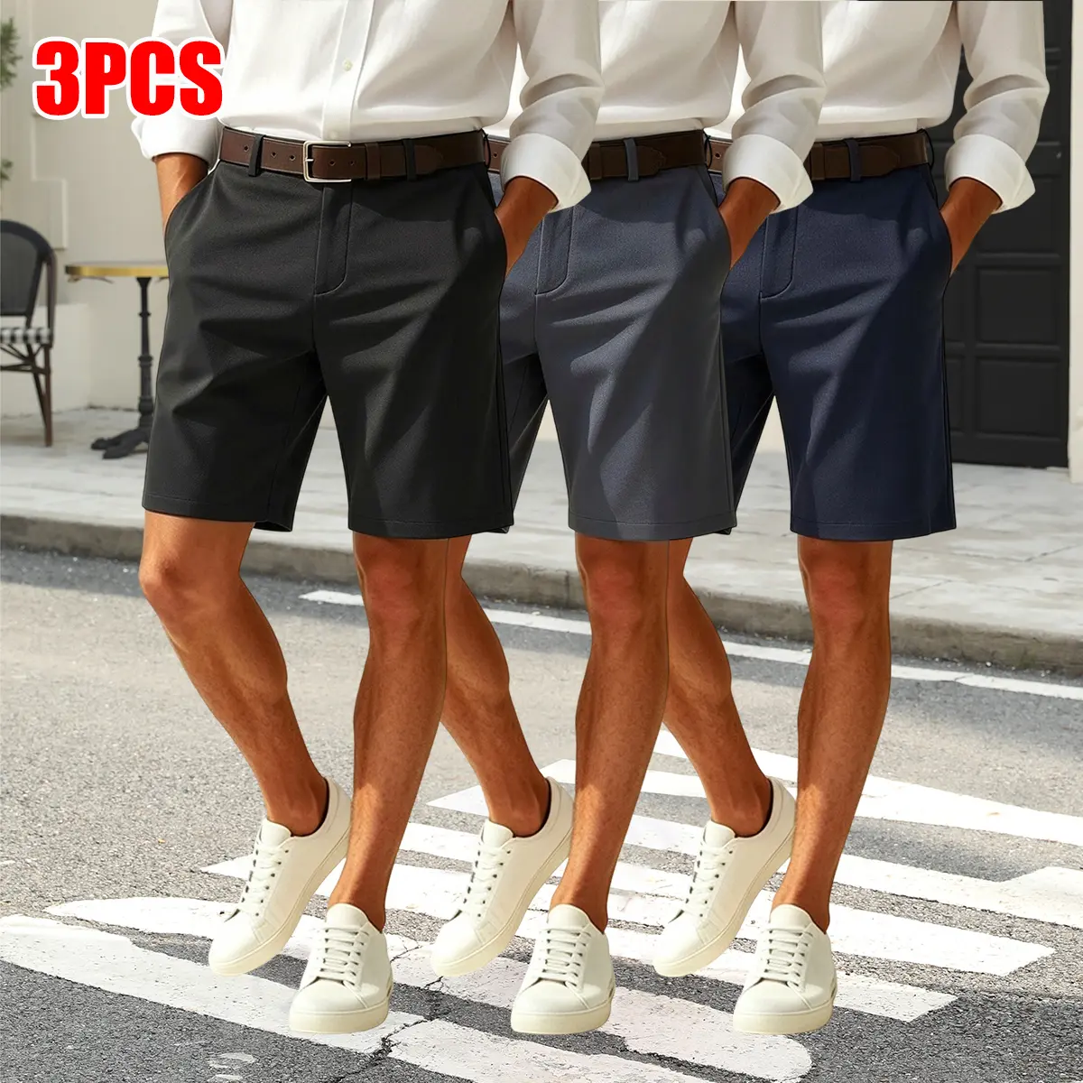 3-piece set of classic men’s business shorts—casual suit shorts that are an ideal choice for everyday commuting and office wear, featuring a straight-leg design.