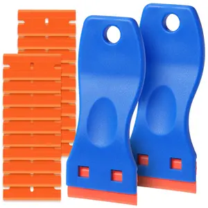 Plastic Razor Blade Scraper, 2PCS Scraper Tool, 100PCS Plastic Blades, for Cleaning Scraper Remover for Stickers, Decals, Adhesive, Labels, Paint from Glass, Car, Window, Caulk, No Scratches, Blue