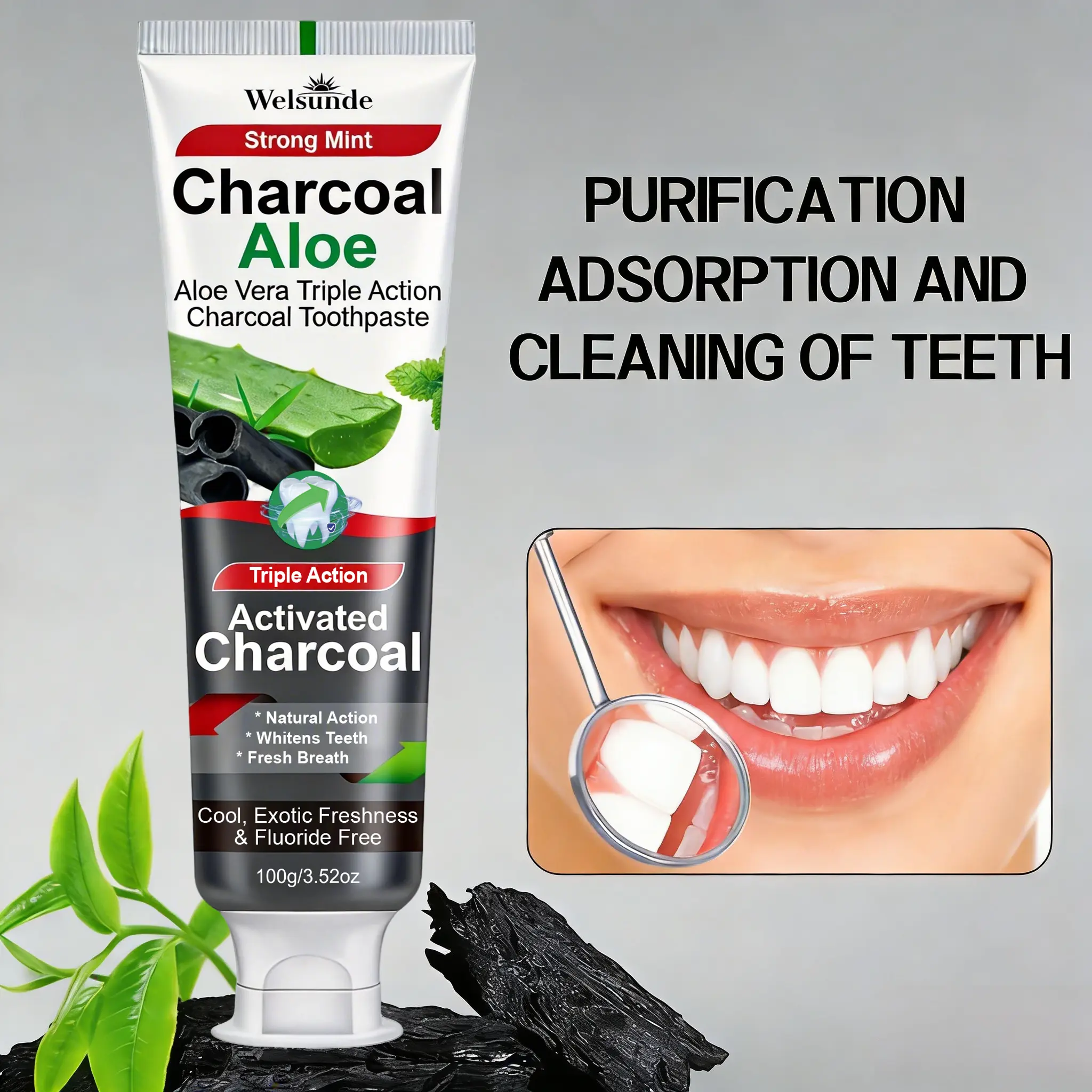 Welsuade Charcoal Aloe Triple Action Activated Charcoal Toothpaste Strong Mint 100g for Bathroom Office School Travel