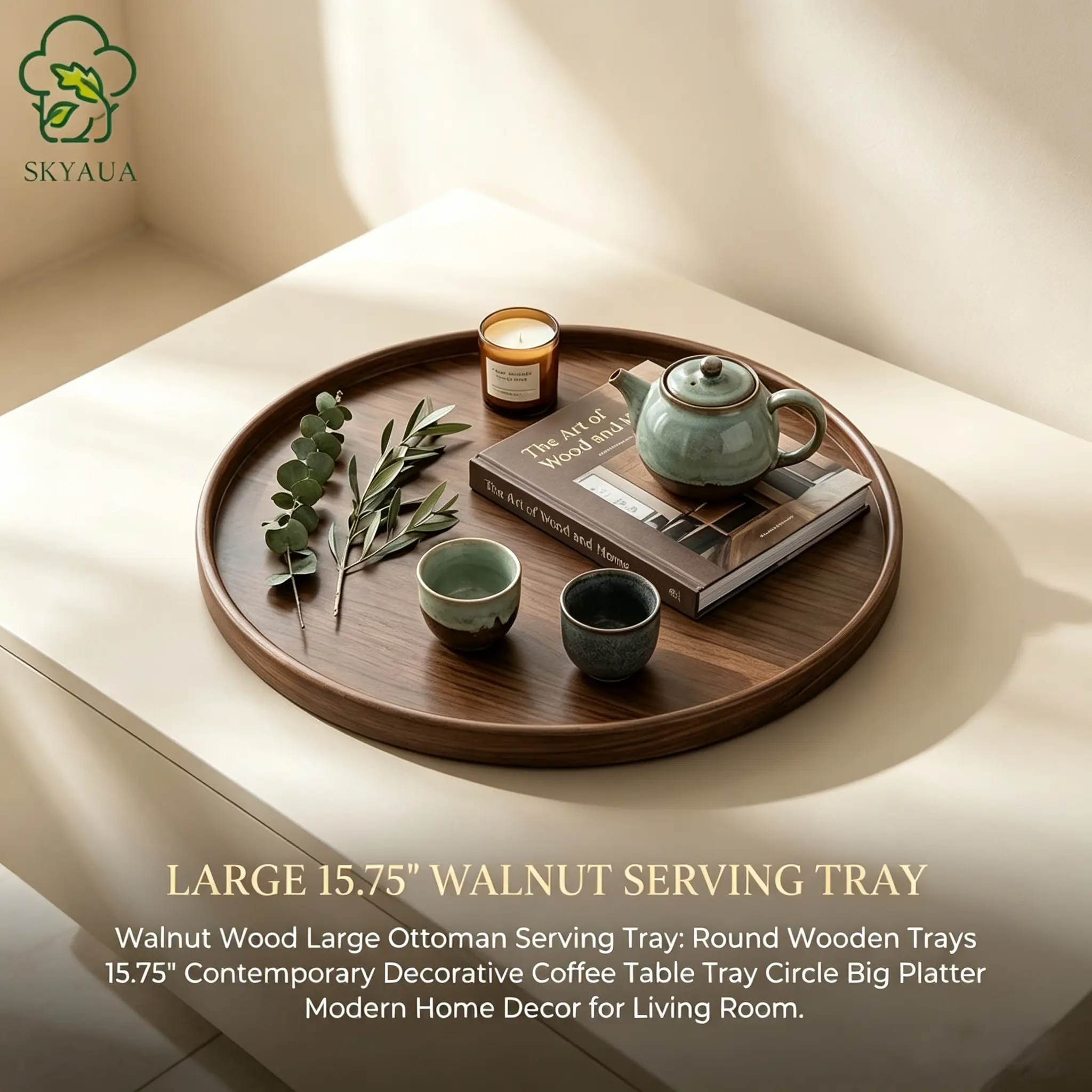 Walnut Wood Large Ottoman Serving Tray: Round Wooden Trays 15.75" Contemporary Decorative Coffee Table Tray Circle Big Platter Modern Home Decor for Living Room Rustic Brown Faux Charger Plates Tableware Aesthetic Board Coasters Stylish