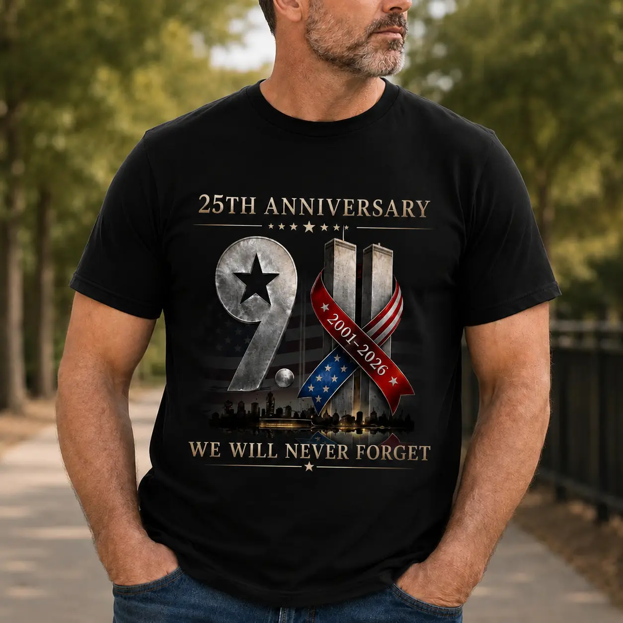 9/11 25th Anniversary Shirt, We Will Never Forget 2001–2026 Memorial T-Shirt, Patriotic American Remembrance Tee, Menswear Graphic Tee