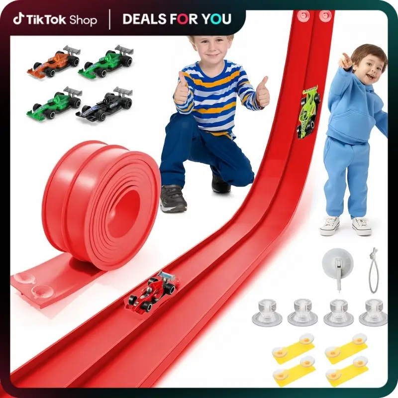 Hotfree Flex Tracks 15Ft for Kids, STEM Flexible Race Car Ramp Track with 4 Small Racecars 12 Suction Cups and 1 Hook, Compatible with Hot Wheels and