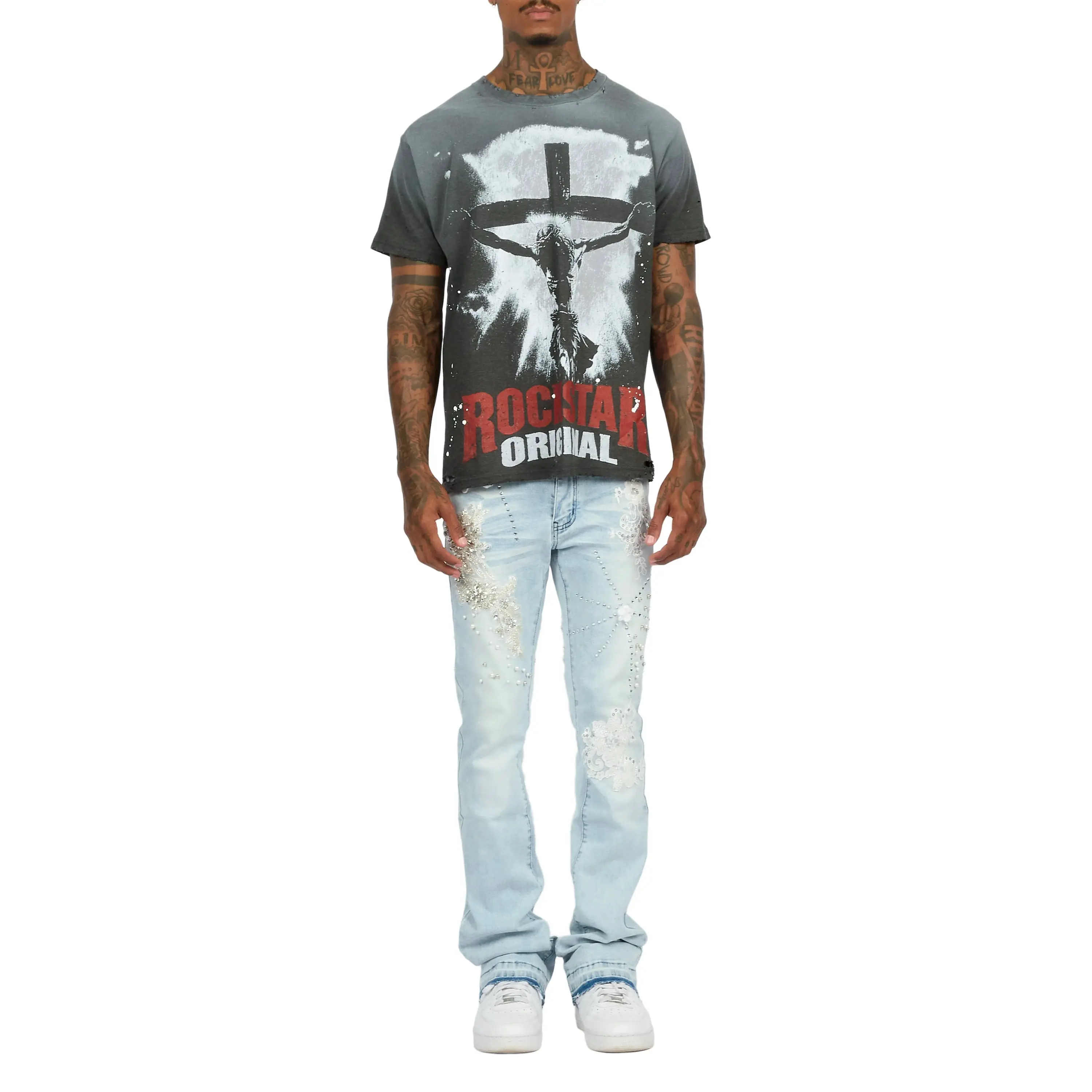 Yezen Light Blue Rhinestone Stacked Fit Jean