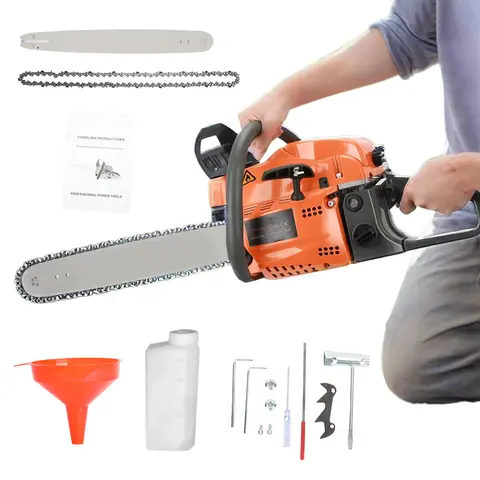 Handheld Gasoline Chainsaw, Handheld Gas Chainsaw with 58cc 1.98hp Power, 2-Cycle Full Kit, 20in Reach Cuts, 25.4cc 12in Trim, 1 x Brake Plate, 1 x Guide Bar Cover, Stainless Steel-Plastic Parts, English User Guide for Wood Cutting Long Jobs