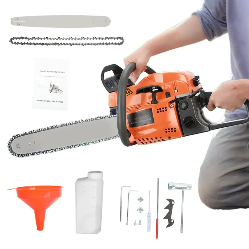 Handheld Gasoline Chainsaw, Handheld Gas Chainsaw with 58cc 1.98hp Power, 2-Cycle Full Kit, 20in Reach Cuts, 25.4cc 12in Trim, 1 x Brake Plate, 1 x Guide Bar Cover, Stainless Steel-Plastic Parts, English User Guide for Wood Cutting Long Jobs