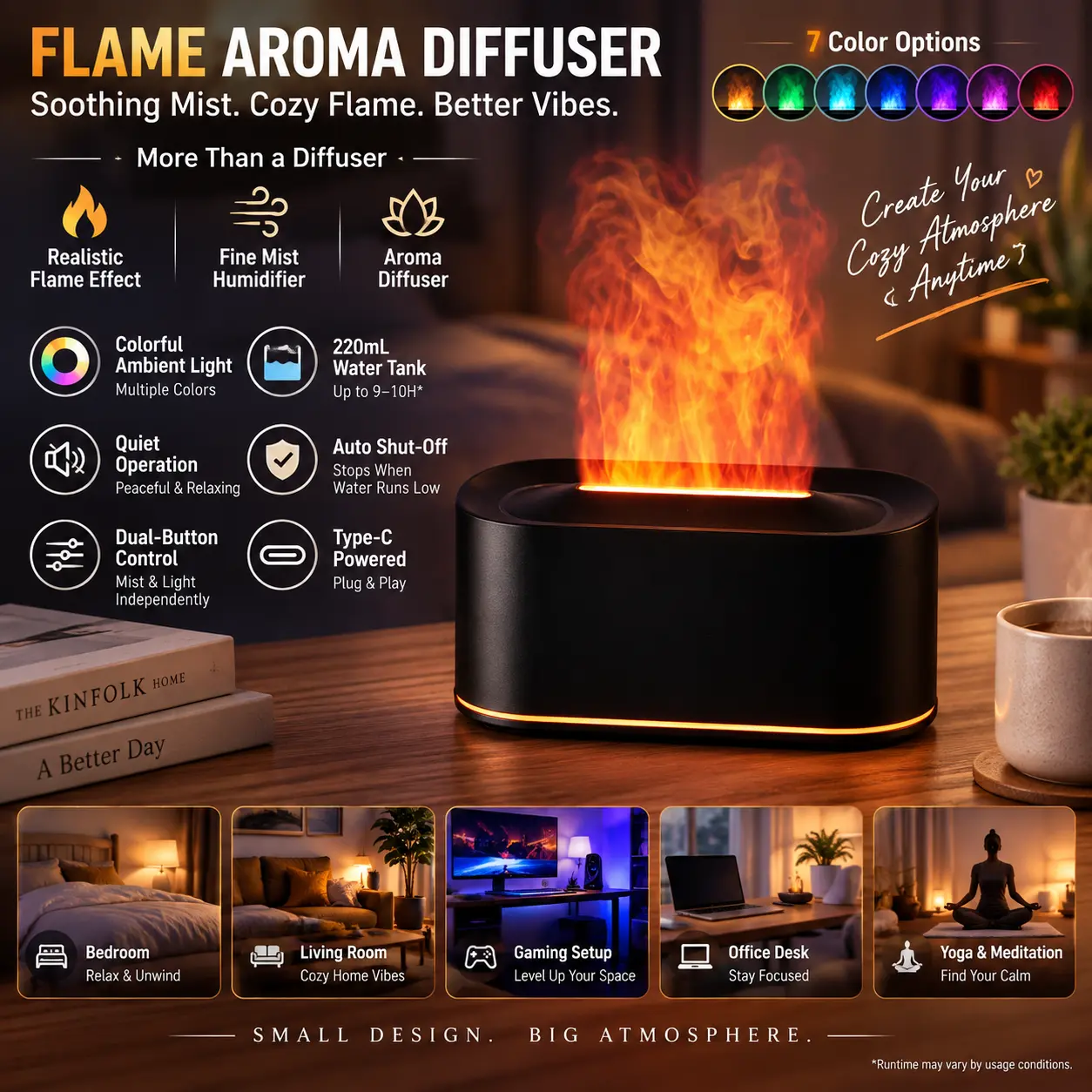 7-Color Flame Aroma Diffuser, USB Powered Cool Mist Humidifier with LED Light, Compact Essential Oil Diffuser for Bedroom, Desk & Home