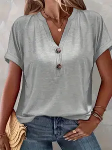 Women's Solid Color Button Neck Fashion T-Shirt, Casual Stylish Fitted Top for Daily Wear, Comfortable and Trendy Design