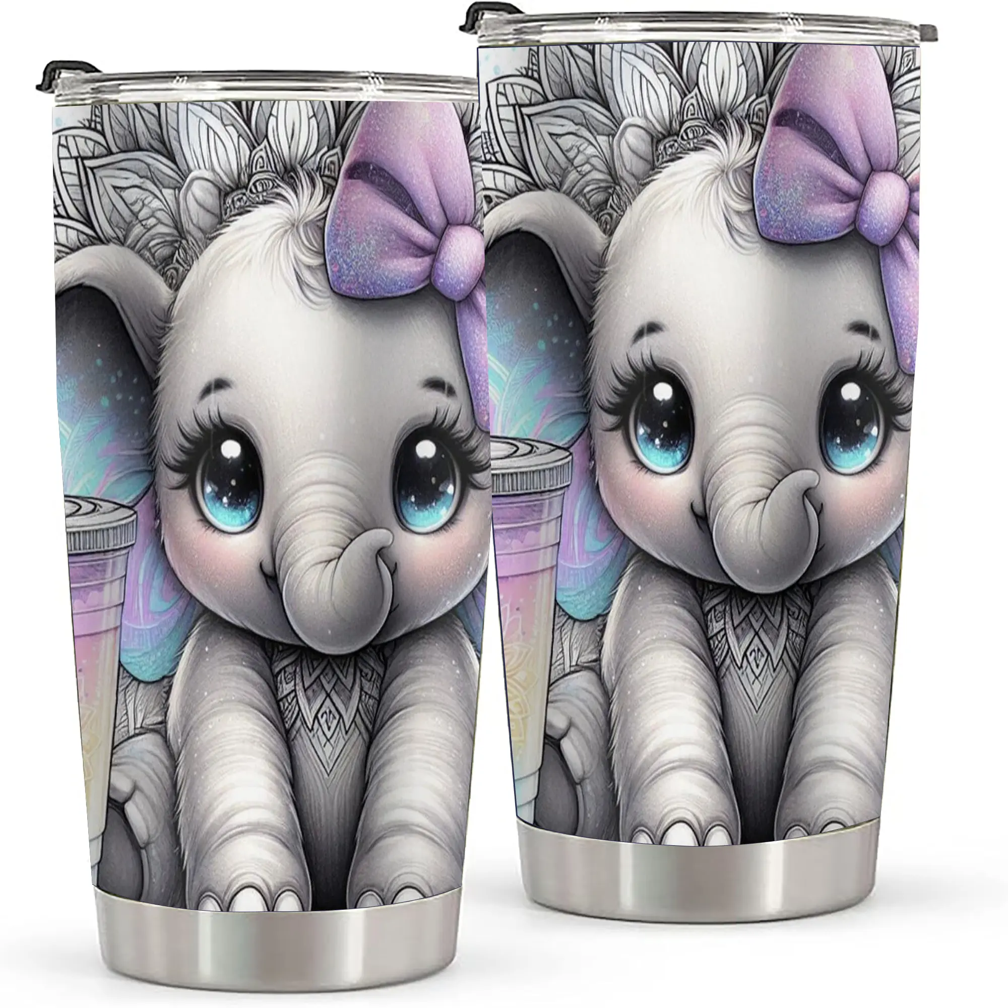 20oz Elephant Watercolor Tumbler, Double Wall Vacuum Insulated Travel Mug, Spill Proof Lid and Straw, Adorable Baby Elephant with Bow & Mandala Design, Ideal for Christmas, Thanksgiving, Valentine's, Mother's, Father's Day, Gift for Birthday, Coffee Cup