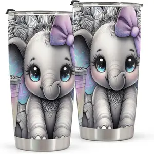 20oz Elephant Watercolor Tumbler, Double Wall Vacuum Insulated Travel Mug, Spill Proof Lid and Straw, Adorable Baby Elephant with Bow & Mandala Design, Ideal for Christmas, Thanksgiving, Valentine's, Mother's, Father's Day, Gift for Birthday, Coffee Cup