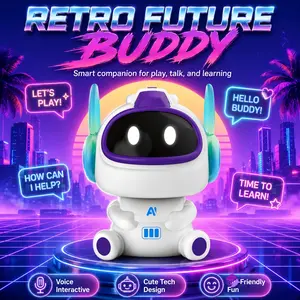 Electronic Robot Toy with LED Screen Face Display, White and Purple Plastic Body with Voice Speaker Microphone, AI Robot Toy, Desktop Digital Figure for Boys Girls